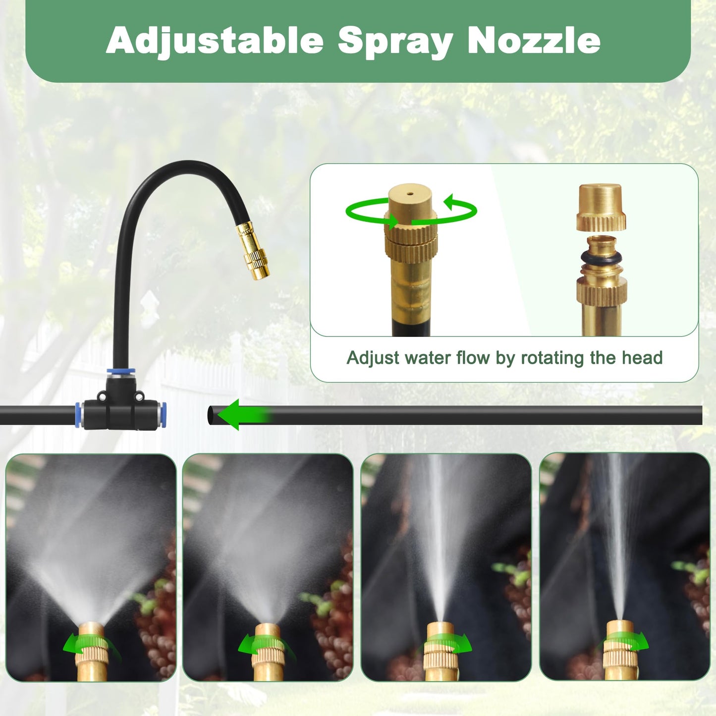 Quibbay 65.6Ft 360° Adjustable Drip Irrigation System Kit, Automatic Garden Watering System with 20 Copper Nozzles, Atomizing Misting Watering System with 360° Bending Dropper for Plant Lawn Patio