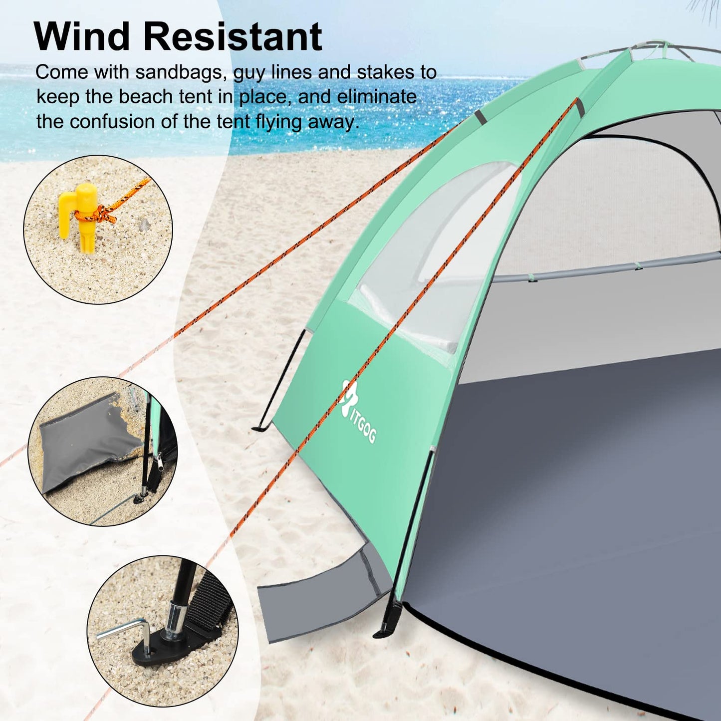 YITGOG Beach Tent Sun Shelter for 3-4 Person, Baby Beach Tent with UV Protection, 3 Mesh Roll Up Windows & 8.0mm Fiberglass, Easy Assemble (Green)