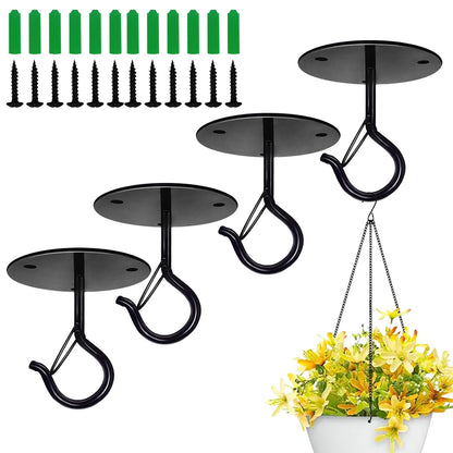 Taeekiy 4 Pcs Black Ceiling Hooks for Hanging Plants Holder with Safety Buckle,Ceiling Decor Hook Heavy Duty,Metal Plant Hanger Indoor&Outdoor.Hooks for Hanging Plants,Wind Chime,Bird Feeders (Black)