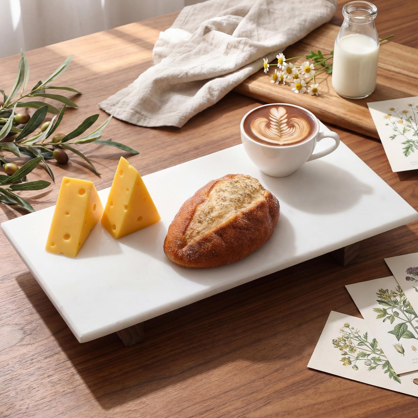 Yiyiring Marble Charcuterie Board Display White Cheese Cutting Footed Stand Tray with Wooden Feet 15.75"L x 8" W x 2.5" H for Vanity, Kitchen and Serving, or as a Gatherings Elegant Cheese Board Gift