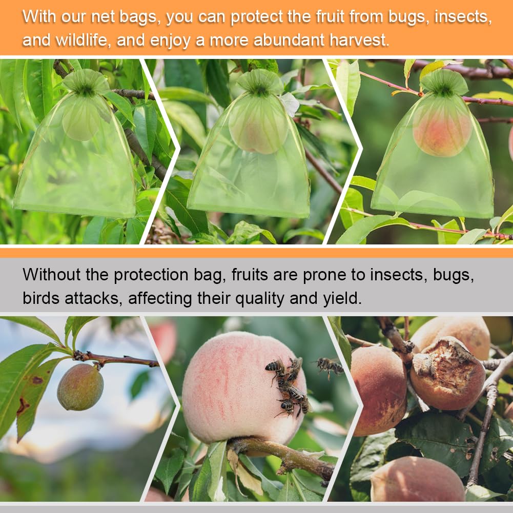 Shintop 100Pcs Fruit Protection Bags, 6x9 Inch Green Fruit Tree Netting Cover Drawstring Mesh Tomato Bags Pest Barrier for Apples Mango