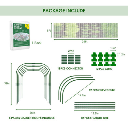 Garden Netting Kit for Raised Beds, 8x24Ft Ultra Fine Mesh Netting with 6 Sets Garden Hoops, Plant Row Cover Insect Netting Birds Pest Barrier Net for Vegetable Fruit Flowers