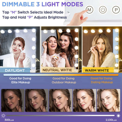 M MIVONDA Hollywood Vanity Mirror with Dimmable 15LED Bulbs Lights 3 Lighting Modes 2in1 Large Lighted Makeup Mirror for Desk and Wall with Plug-in and USB Charger Port