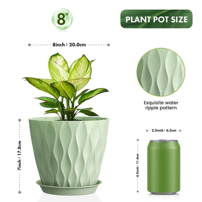 UOUZ 8 Inch Plant Pots, 4 Pack Plastic Planters for Indoor Outdoor with Drainage Holes & Saucers, Waffle Texture Flower Pots for Indoor Plants, Indoor Plant Pots for Monstera, Fiddle Leaf Fig, Green