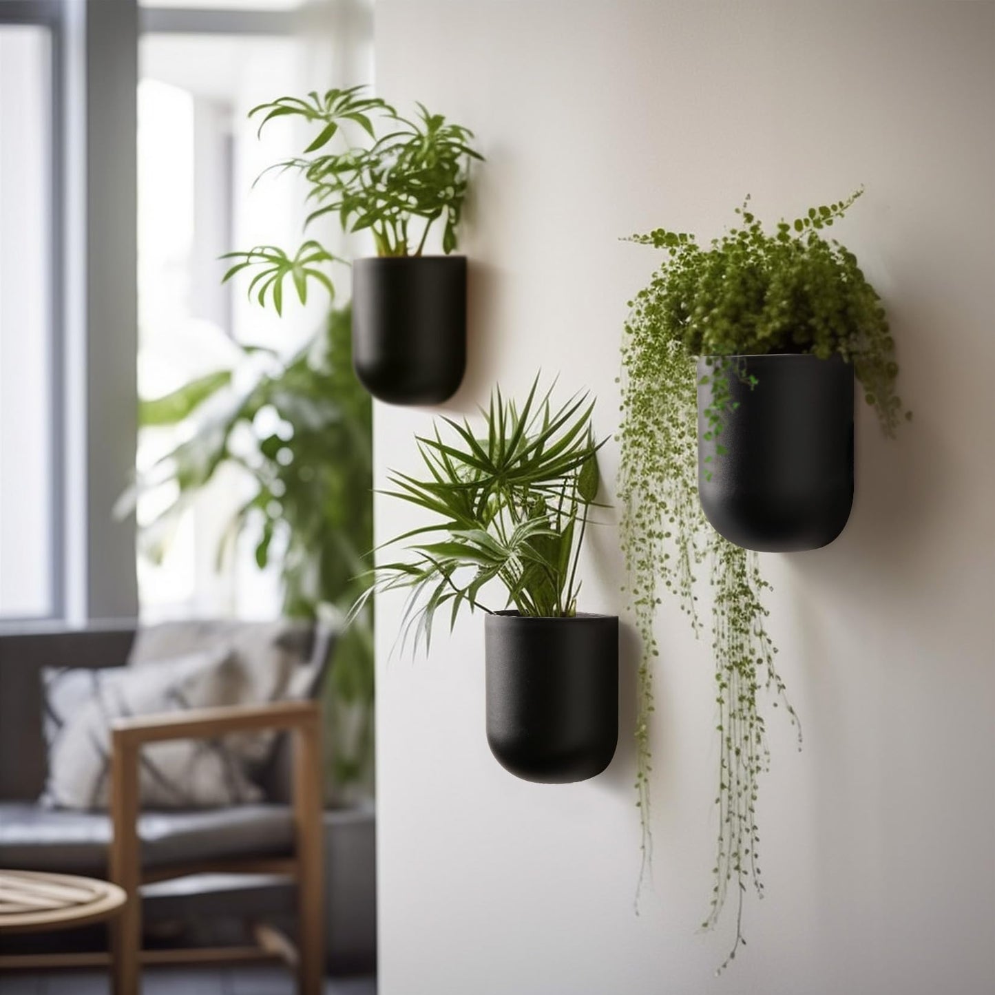 LA JOLIE MUSE Wall Hanging Planters for Indoor Plants，Hanging Flower Pots for Air Plants Succulent, Set of 2, 5.7L*4.1W*7H, Black