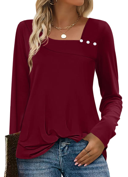 OFEEFAN Long Sleeve Shirts for Women Fall Clothes Asymmetric Square Neck Tunic Tops Decorative Buttons
