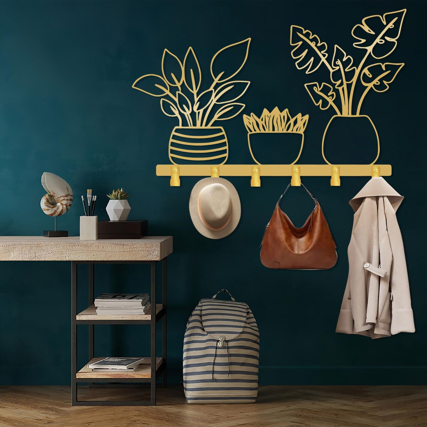 Metal Planter Coat Rack, Rustic Vase Wall Mounted, Botanical Flower Wall Mounted, Flower Key Hat Clothes Hooks, Nature Home Decor (Black, 29"x48"|74x121cm)