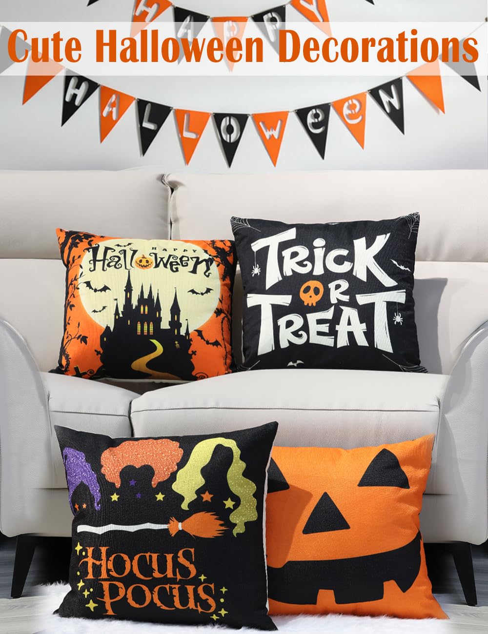 Halloween Decorations Set Of 4 Double-Sided Print Pillow Covers 16" x 16", with 8 Cute Halloween Decor Patterns, Elegant Invisible Zipper, Soft Linen Throw Pillow Covers for Outdoor & Indoor Use