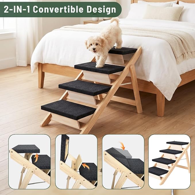 Dog Stairs/Ramp for Bed, Wooden 2-in-1 Foldable Pet Stairs & Ramp, Portable Dog Ladder Up to 180 Pound for Elderly/Short-Legged Dogs, 4 Steps for Beds, Couch