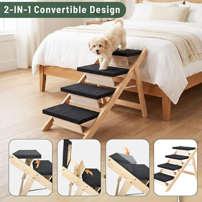 Dog Stairs/Ramp for Bed, Wooden 2-in-1 Foldable Pet Stairs & Ramp, Portable Dog Ladder Up to 180 Pound for Elderly/Short-Legged Dogs, 4 Steps for Beds, Couch