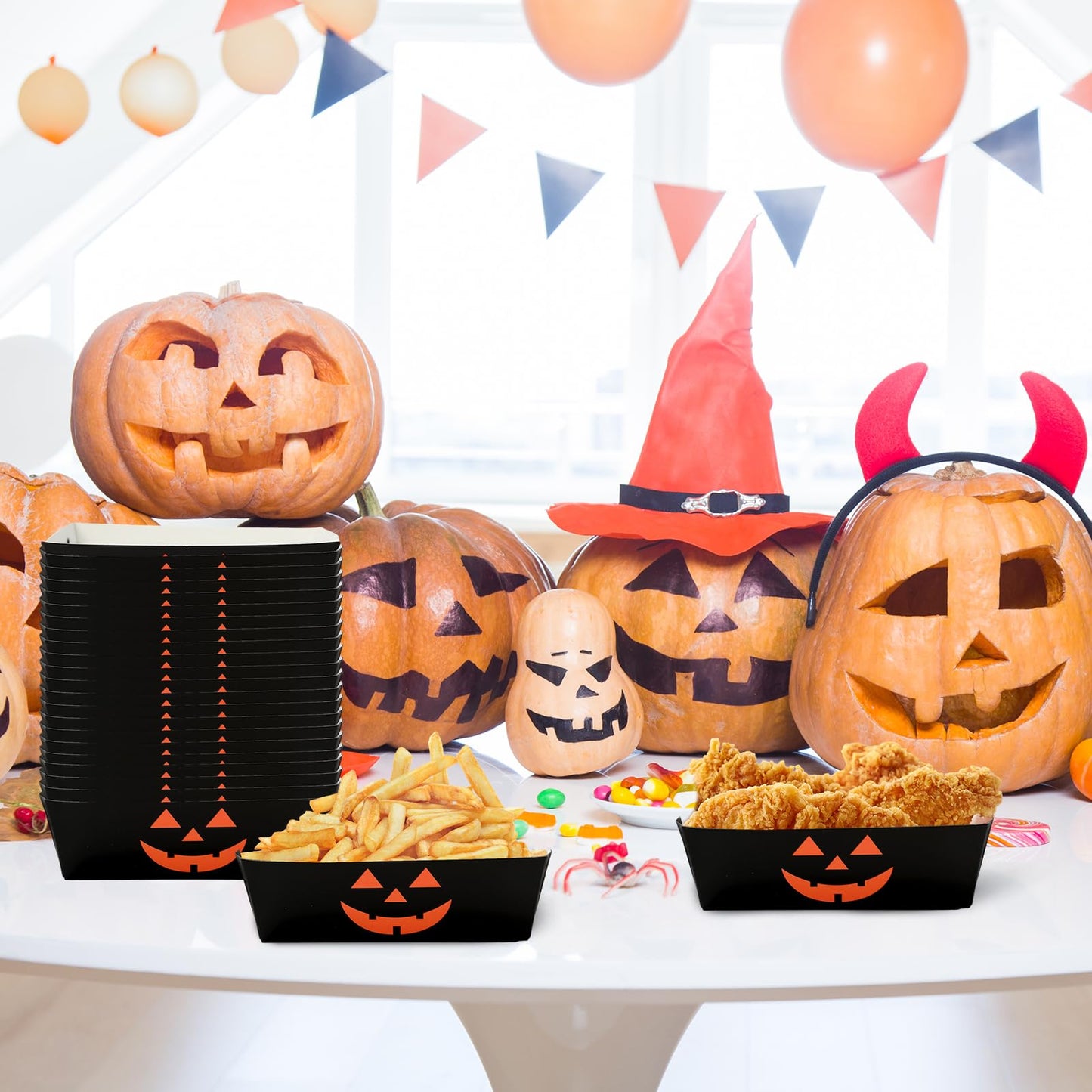 Whaline 50Pcs Halloween Paper Food Trays Grimace Pumpkin Paper Food Boats Orange Black Food Holder Disposable Serving Trays for Party Supplies