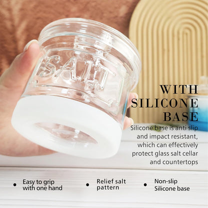 FANQIEW Glass Salt Cellar with Lid Salt Container with Spoon for Countertop Embossed Pattern Salt Box for Storing Sea Salt Flaky Salt Spice 12oz Capacity Holder, Dishwasher Safe