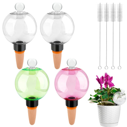 Solaradgy 4pcs Plant Watering Globes with 4 Cleaning Brushes, Colorful Self Watering Bulbs (2 White, 1 Green, 1 Pink), Slow Release Water Spikes, Automatic Plant Watering Devices for Indoor Plants