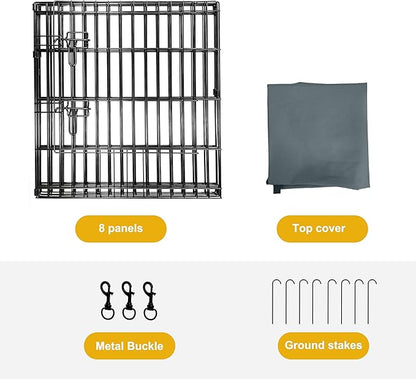 Dog Playpen with Top Cover,Foldable Metal Puppy Play Pen,24x24in 8 Panels Dog Playpen with Door for Indoor Outdoor,Heavy-Duty Pet Exercise Fence for Small Medium Animals