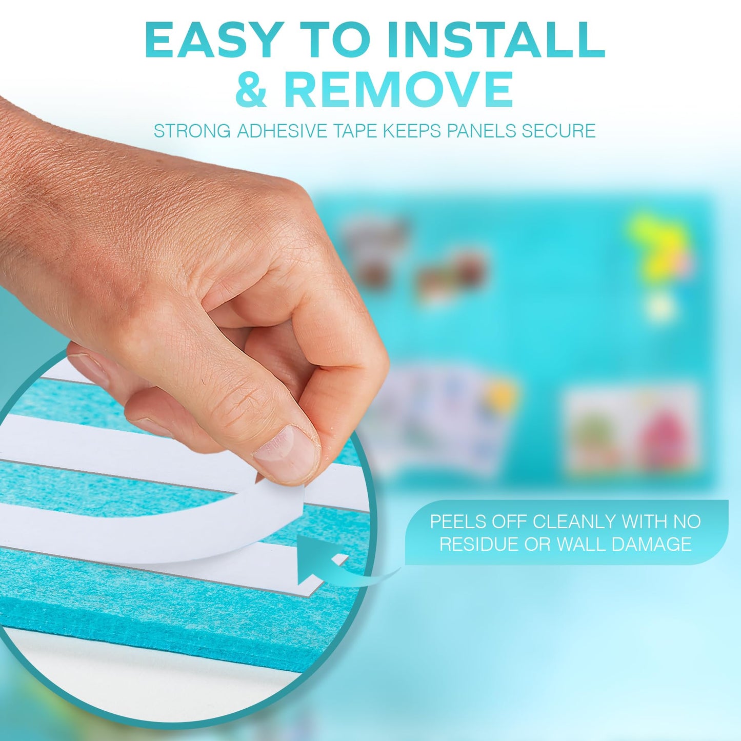 Bulletin Board 40x30in, 12 Count 9.8 x 9.8in Felt Wall Tiles with Removable Adhesive Tape, Cork Board Alternative for Walls, Wall Decor, Kids Art Display, Kids Room (Aqua Collection)