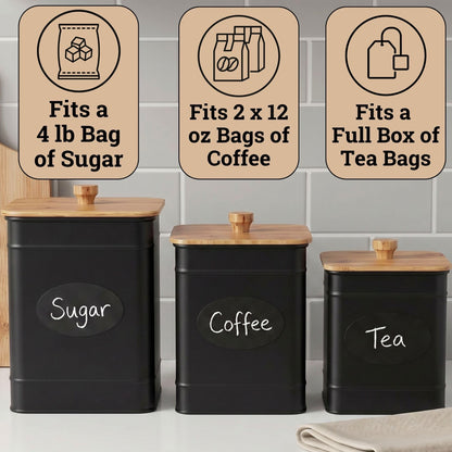 Kitchen Canisters for Countertop Set of 3 with Customizable Chalkboard Labels & Marker Pen - Big Iron Kitchen Canisters with Airtight Lids - Black Canister Set - Flour and Sugar Containers Farmhouse