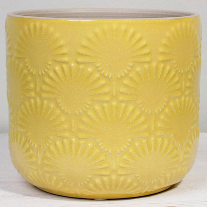 Xiaan Jiaju Boho Embossed Ceramic Planter, 6.7 Inch Contemporary Flower Pot for Indoor Plants, Bohemian Chic Decorative Glazed Plant Pot with Fan Texture, Butter Yellow