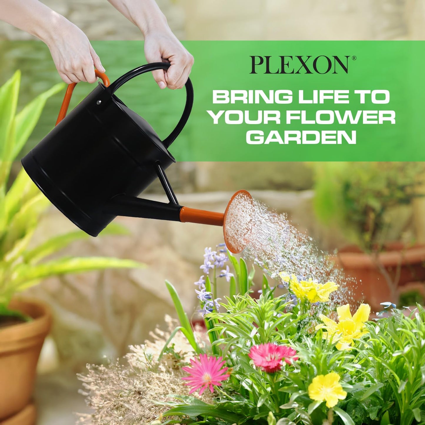 Plexon Metal Watering Can Outdoor 1 Gallon, Flower Plant Gardening Garden Large Watering Can Pot Pitcher, Steel Orange Handles and Removable Spray Spout, Black