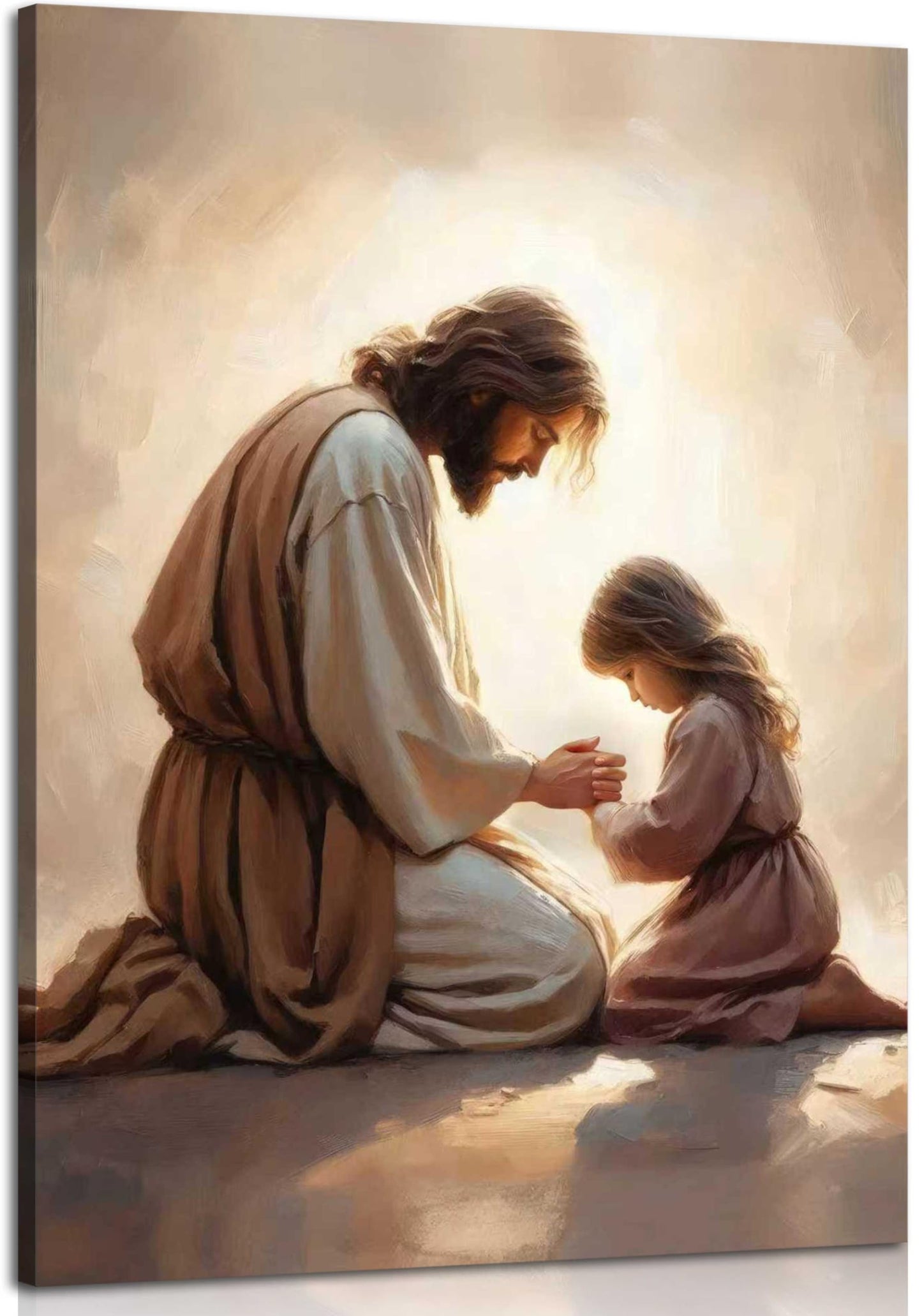 Jesus Praying with Girl Canvas Wall Art Christian Spiritual Posters Painting Religious Bible Story Prints Wall Decor Jesus Kid Pictures for Living Bedroom Room Church Home Decoration Framed
