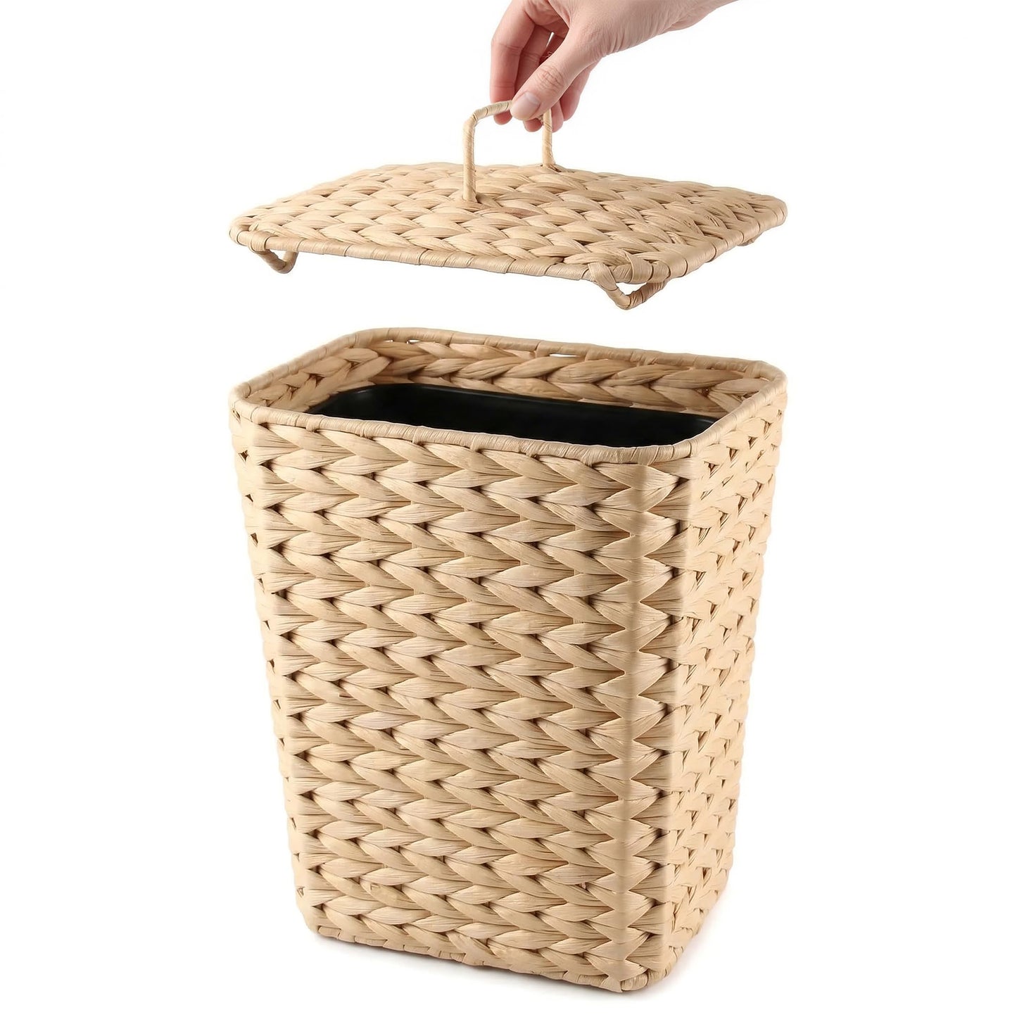 deepredcoast 2.6 Gallon Wicker Trash Can with Lid, Handwoven Water Hyacinth Wastebasket with Removable Plastic Inner Bin, Small Decorative Rattan Trash Can for Bathroom Bedroom Office Kitchen
