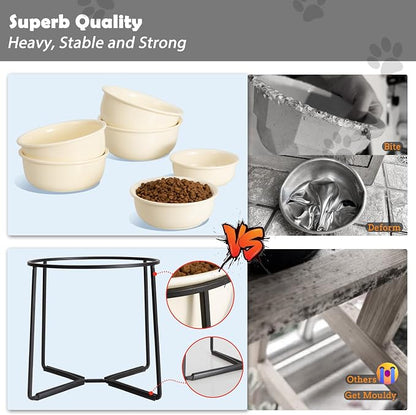 Ceramic Elevated Dog Food Bowl - Heavyweight Feeding Bowl with Metal Stand - Raised Pet Dish for Medium and Larges Dogs - 5.8 Cups - 47.3 oz - Beige