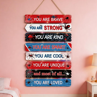 Spider Room Decor Set of 8 with LED Lights, Boys Bedroom Decor Inspirational Positive Quotes Wall Art, Motivational Wooden Hanging Signs Wall Decorations for Nursery Teens Toddler Room