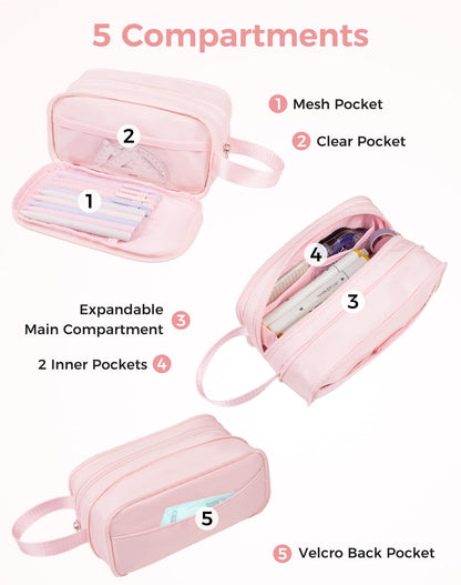 Fmeida Pencil Case Pouch Expandable - Extra Large Pencil Pouch Aesthetic Pencil Bag Office Stationery Organizer with Handle for Adult Men Women - Pink