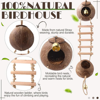 Briwooody Coconut Shell Bird Nest House Breeding Bed Nestingand Anti-pecking Bite with Natural Coir Fiber Bird Nest Toy Bell for Parrot Budgie Parakeet Cockatiel Conure Lovebird Canary Finch (Stylish)
