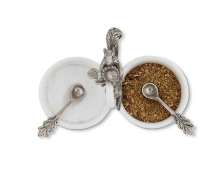 Vagabond House Squirrel Double Salt Cellar with Pewter Leaf Spoons percent spices or sauces 3 inch x 4 inch