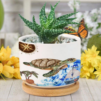 DreamAutumn Ocean Theme Sea Turtle Planter Ceramic Round Plant Pots with Drainage Holes and Bamboo Tray Planting Small Flower Pots for Home Windowsill Desk Garden Indoor Outdoor Use