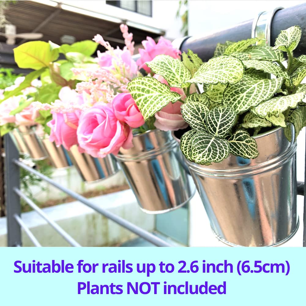 LaLaGreen Bundle - 10 Pack, 11.2 Inch Black + 10 Pack, 6 Inch Silver Metal Pots,Wall Mount Modern Fence Bucket Outdoor Planter Boho Farmhouse Window Rail Box Plant Holder Balcony Garden Decoration