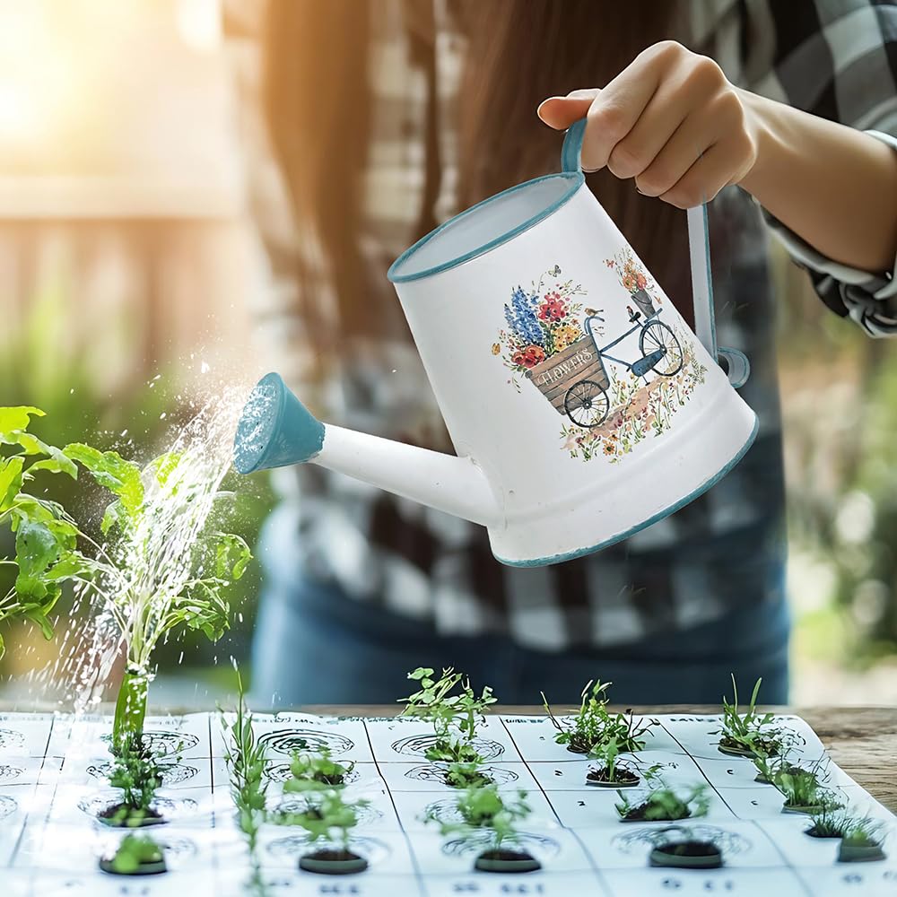 Zokyntrix Small Watering Can for Indoor Plants Garden Metal Decorative Watering Can Outdoor Bonsai Balcony Courtyard Garden Flower Decorative, 1.5L, 50.7 Oz (White Blue)