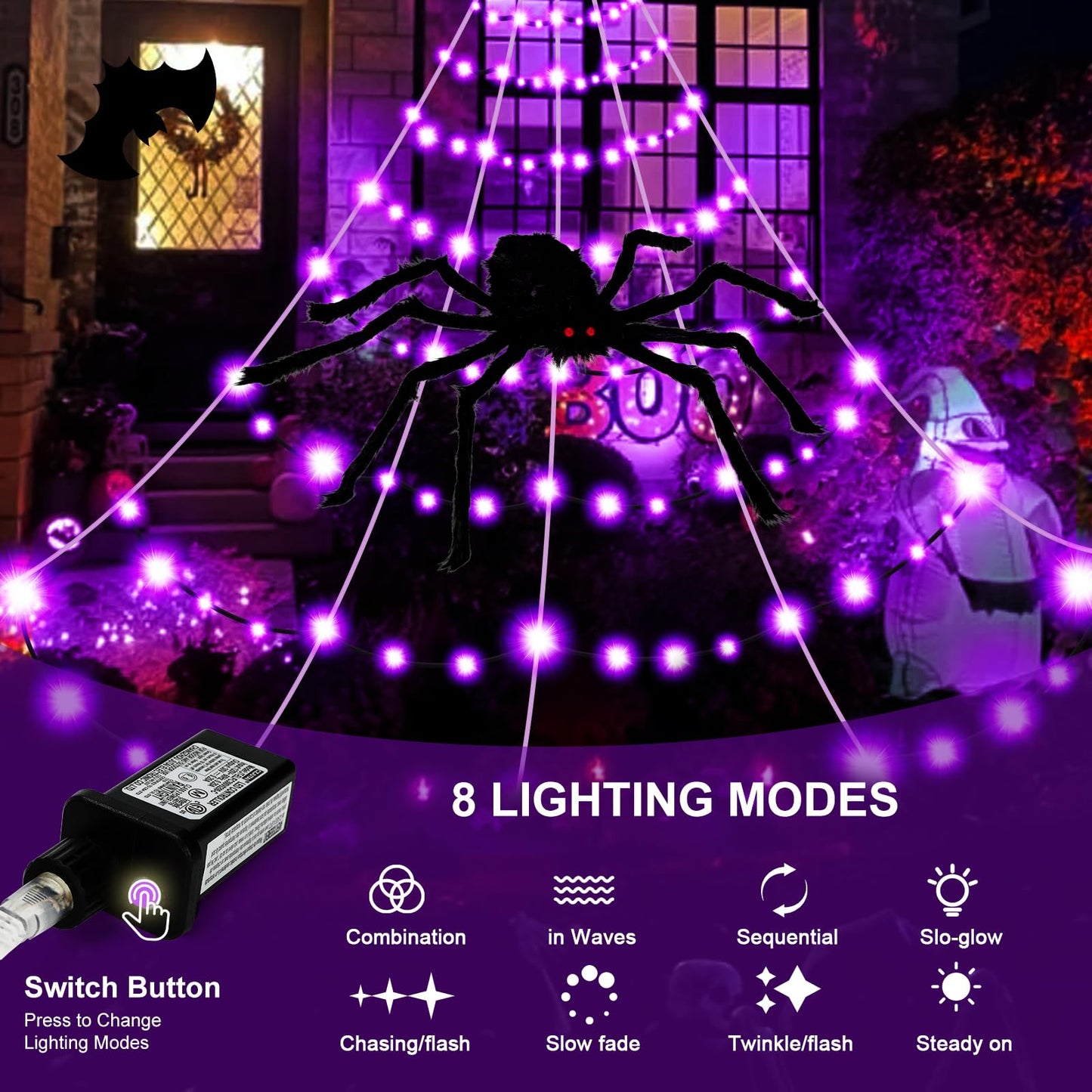 Halloween Decorations Spider Web Lights, 250 LED Purple Lights 19.7FT x 14.8FT Giant Halloween Decorations with 8 Modes Waterproof for Indoor Outdoor House Garden Yard，30" Large Spider Included