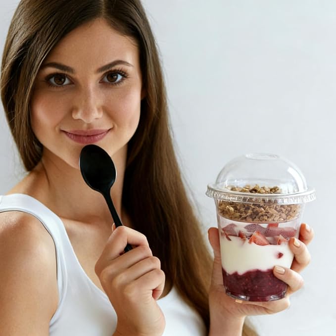 Zezzxu 50 Pack 12 oz Disposable Parfait Cups with Dome Lids No Hole, Toppings Compartment and Spork, Yogurt Conatiner with Granola Holder for Take Away Breakfast and Snacks, No Leaking