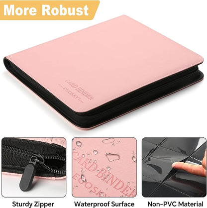 16-Pocket Business Card Binder holds 1024 Cards, Premium Diamond PU Leather Name Card Holder Organizer with Zipper, Black Sleeves Side Loading Card Book for Collectors & Office(pink)