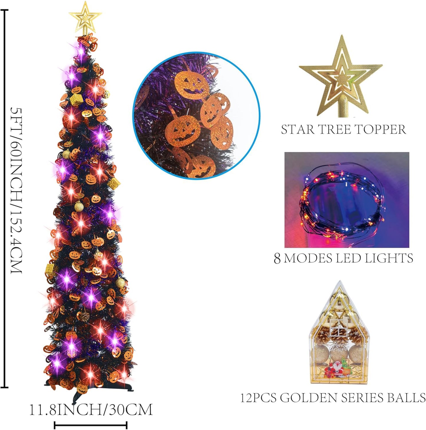 Halloween Tree Decorations with 100LED Lights 5FT Pop Up Tree with Hanging Pumpkin＆12 Pcs Ornaments, Tinsel Collapsible Artificial Pencil Tree Holiday Decoration for Home, Black Purple