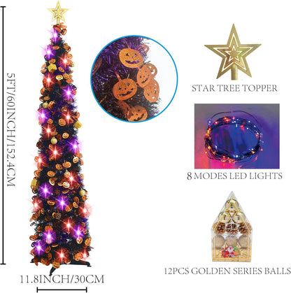 Halloween Tree Decorations with 100LED Lights 5FT Pop Up Tree with Hanging Pumpkin＆12 Pcs Ornaments, Tinsel Collapsible Artificial Pencil Tree Holiday Decoration for Home, Black Purple
