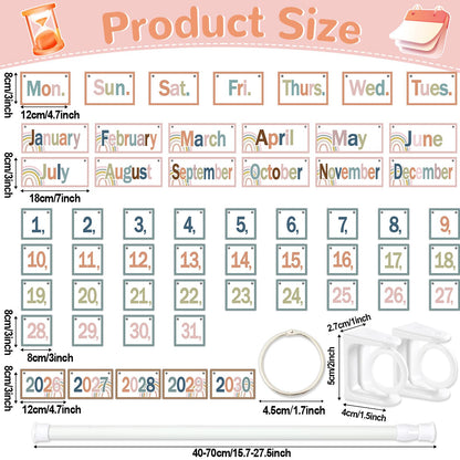 Boho Flip Calendar Bulletin Board Set Boho Rainbow Calendar for Classroom Whiteboard Decor with 2026 to 2030 Years Date Cards and Adjustable Rod for Home Elementary Back to School Teacher Supplies