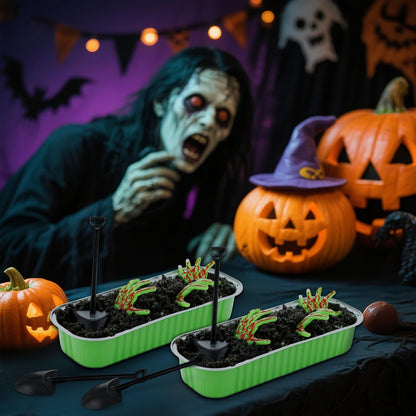 SiliFine 24 Set Halloween Zombie Hands Decor Green Skeleton Hands Cake Toppers Halloween Baking Pans with Lids Shovel Spoons Horror Spooky Decoration for Zombie Birthday Party(Green)