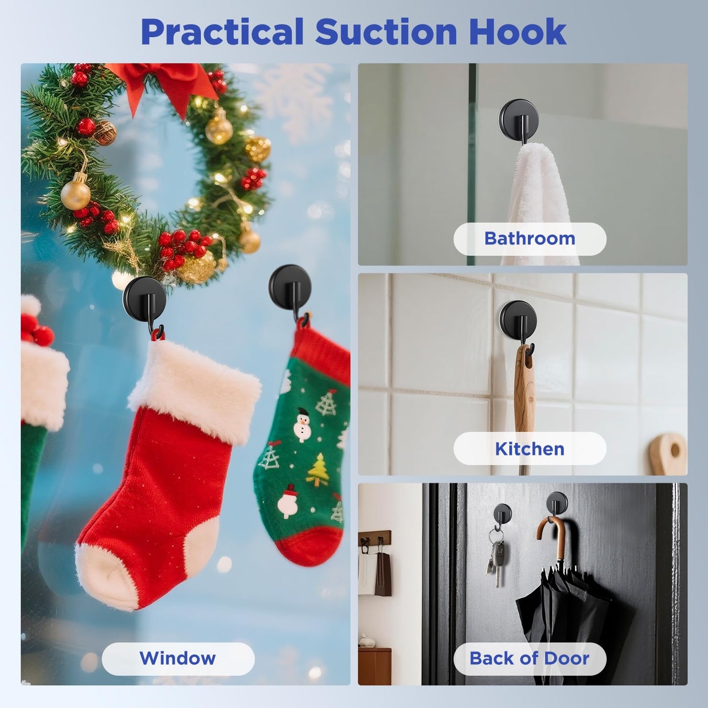 OUTXE Wreath Hanger for Front Door, Upgraded Suction Cup Reef Hook for Glass Window/Over Door, Christmas/Thanksgiving/Halloween/July 4th/Easter/Valentine/Spring/Summer/Fall (Black, 4-Pack)