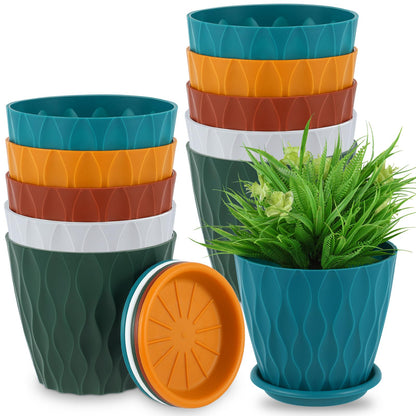 Suclain 10 Pack 6 Inch Plant Pots with Drainage Hole and Tray Saucer Plastic Flower Pots for Indoor Plants for Your Room, Office, Garden Decor(Wave)