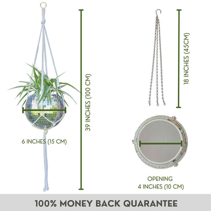 SCANDINORDICA Disco Ball Planter 6" Silver with Chain and Macrame Hanger and Disco Ball Planter Pot 4.3" with Saucer (0.2x0.2 mirror tiles)