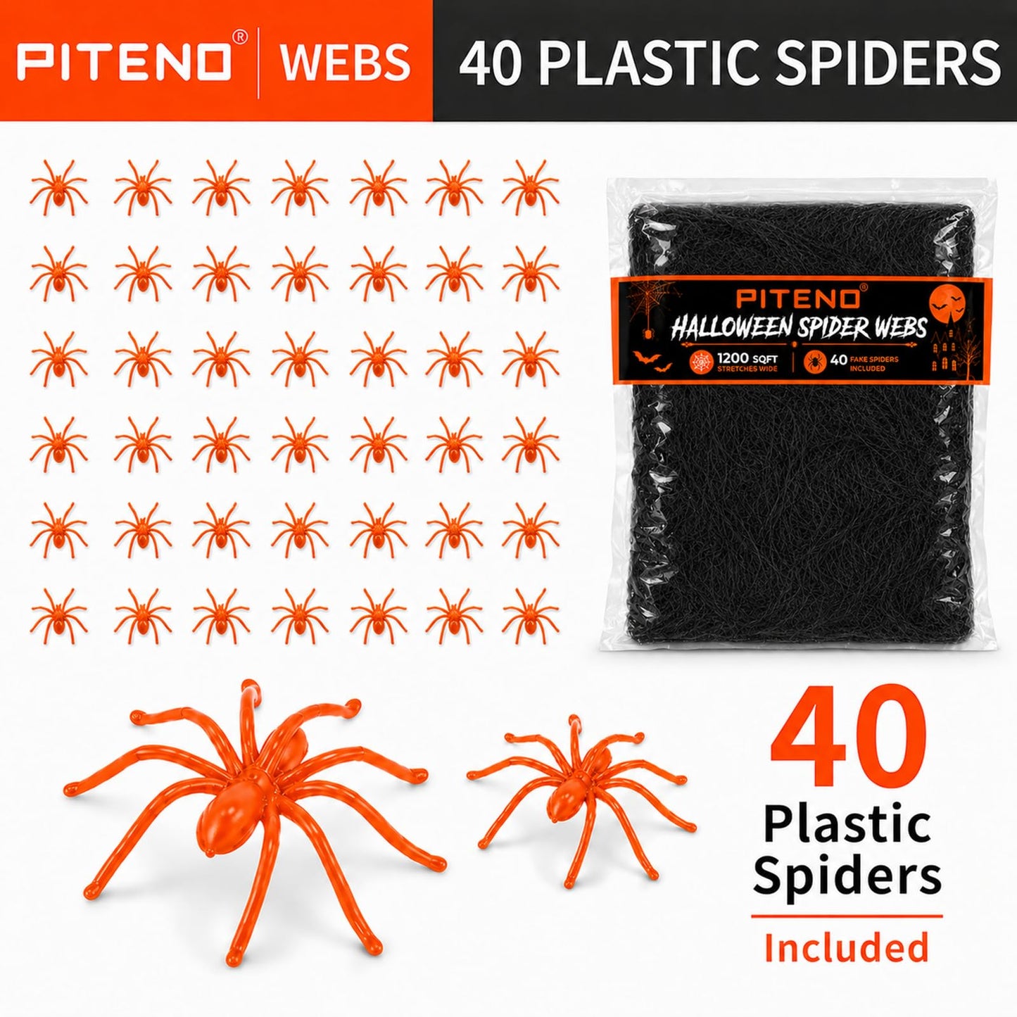 Piteno® 1200 sqft Spider Webs Halloween Decorations with 40 Fake Spiders, Stretchable Halloween Spider Webs for Indoor Outdoor Haunted House Yard Porch Party Decor (Black)