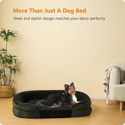 Dwanton Orthopedic Dog Bed for Large Dogs with Gel Memory Foam, Waterproof Dog Sofa, Washable Pet Bed with Four Sided Bolster Cushion, Removable Cover & Non-Slip Bottom, 38", Green