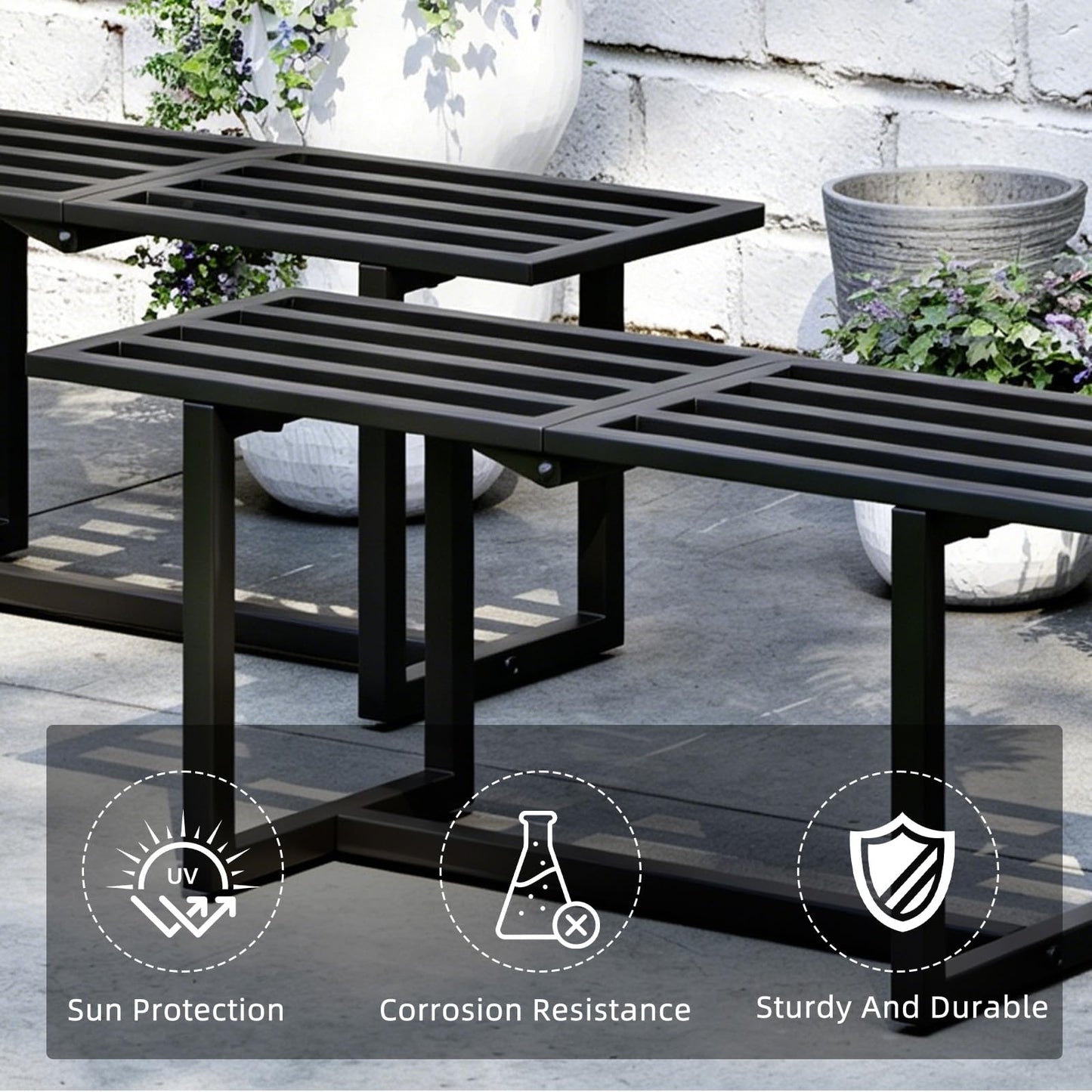 Rioneta Plant Stand Indoor Outdoor, Foldable Metal Plant Shelf for Multiple Pots, Mid Century Slatted Bench for Patio Garden, Heavy Duty Capacity 330 lbs 2 Pack Black