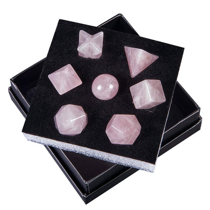 rockcloud Rose Quartz Platonic Solids Sacred Geometry with Merkaba Star Set, Healing Crystal Faceted Gemstones for Meditation Reiki Balancing, Pack of 7