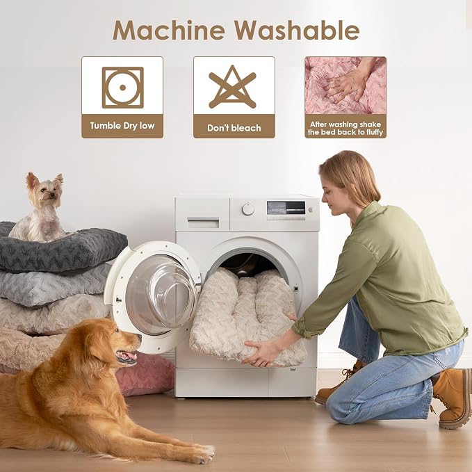 EHEYCIGA Washable Medium Dog Bed for Crate 29x21 Inch, Kennel Pad for Dogs Up to 35 lbs, Plush and Comfy Pet Sleeping Mat, Beige