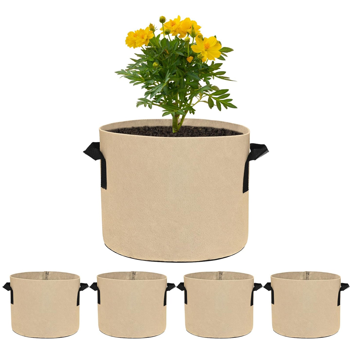 M METERXITY 5-Pack Plant Grow Bags 3 Gallon Grow Bags 300G Thickened Fabric Pots with Durable Handles Plant Garden Grow Pots for Fruits/Vegetables/Flowers/Plants [Khaki]