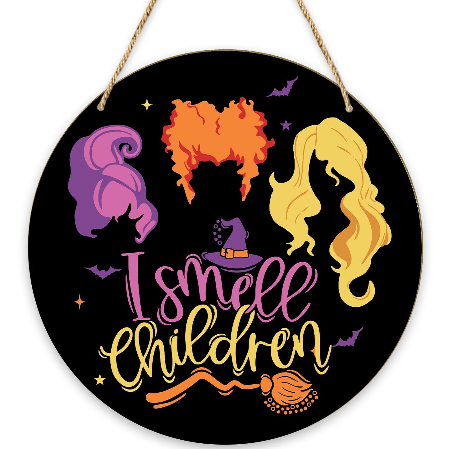 Witches Halloween Decorations For Home - I Smell Children, Welcome Sign for Front Door, Home Outside Inside Decor Wood Sign, Haunted House Halloween Party Wall Door Wreath/04