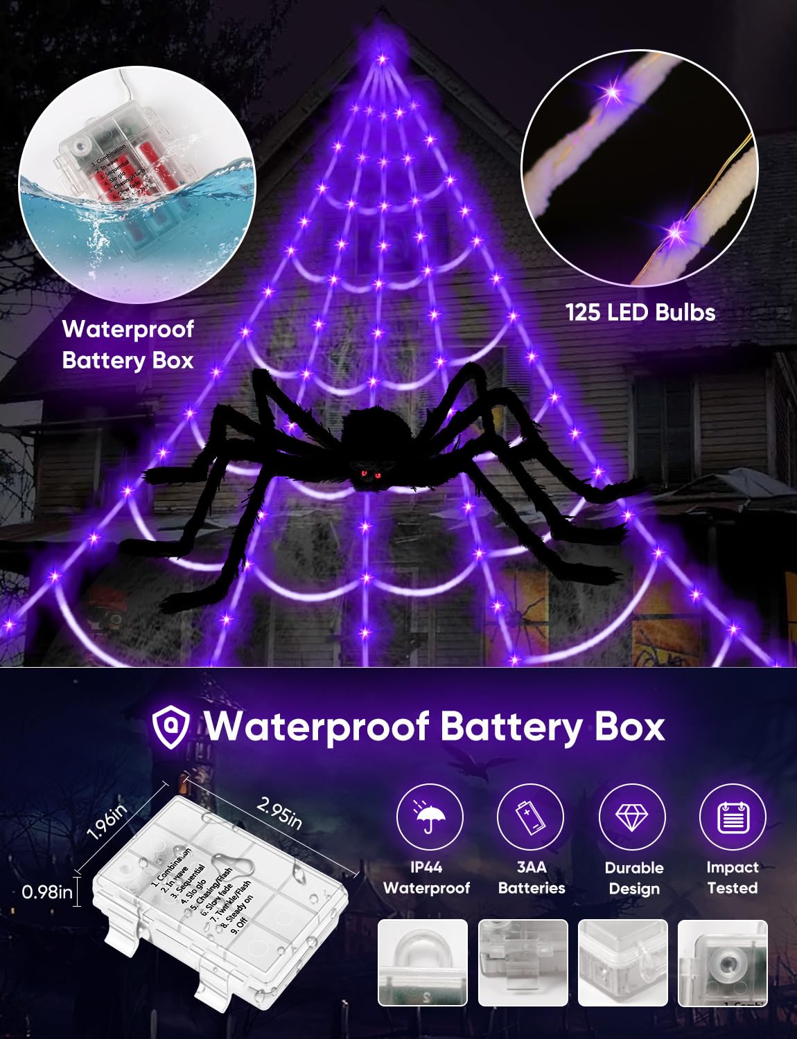 Spider Webs Halloween Decorations Lights - 250 LEDs 16.4Ft Outdoor Battery Operated String Purple Halloween Lights with 8 Modes Remote Control Spiderweb,47" Large Spider,Waterproof (Purple)